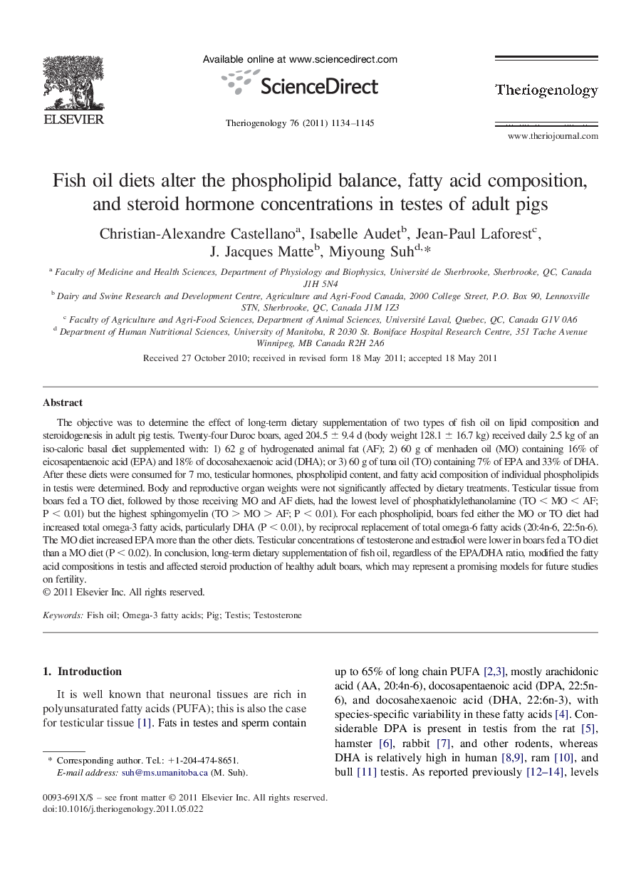 Fish oil diets alter the phospholipid balance, fatty acid composition, and steroid hormone concentrations in testes of adult pigs