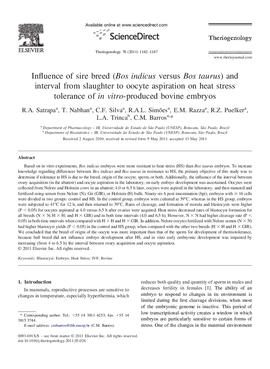 Influence of sire breed (Bos indicus versus Bos taurus) and interval from slaughter to oocyte aspiration on heat stress tolerance of in vitro-produced bovine embryos