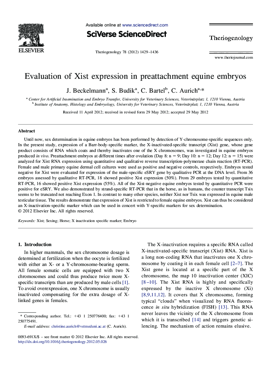 Evaluation of Xist expression in preattachment equine embryos