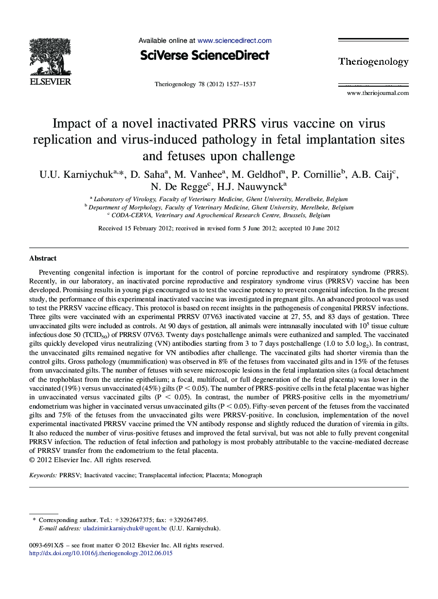 Impact of a novel inactivated PRRS virus vaccine on virus replication and virus-induced pathology in fetal implantation sites and fetuses upon challenge