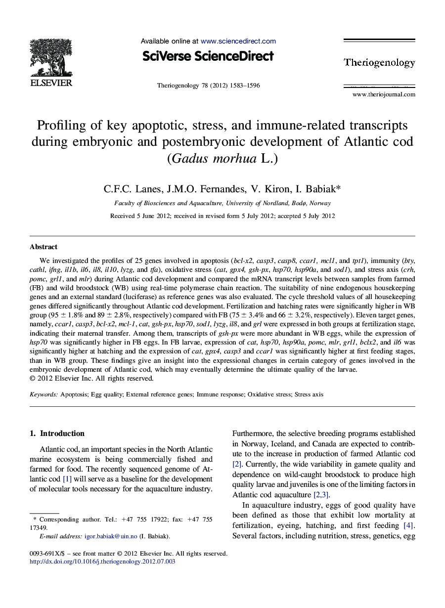 Profiling of key apoptotic, stress, and immune-related transcripts during embryonic and postembryonic development of Atlantic cod (Gadus morhua L.)