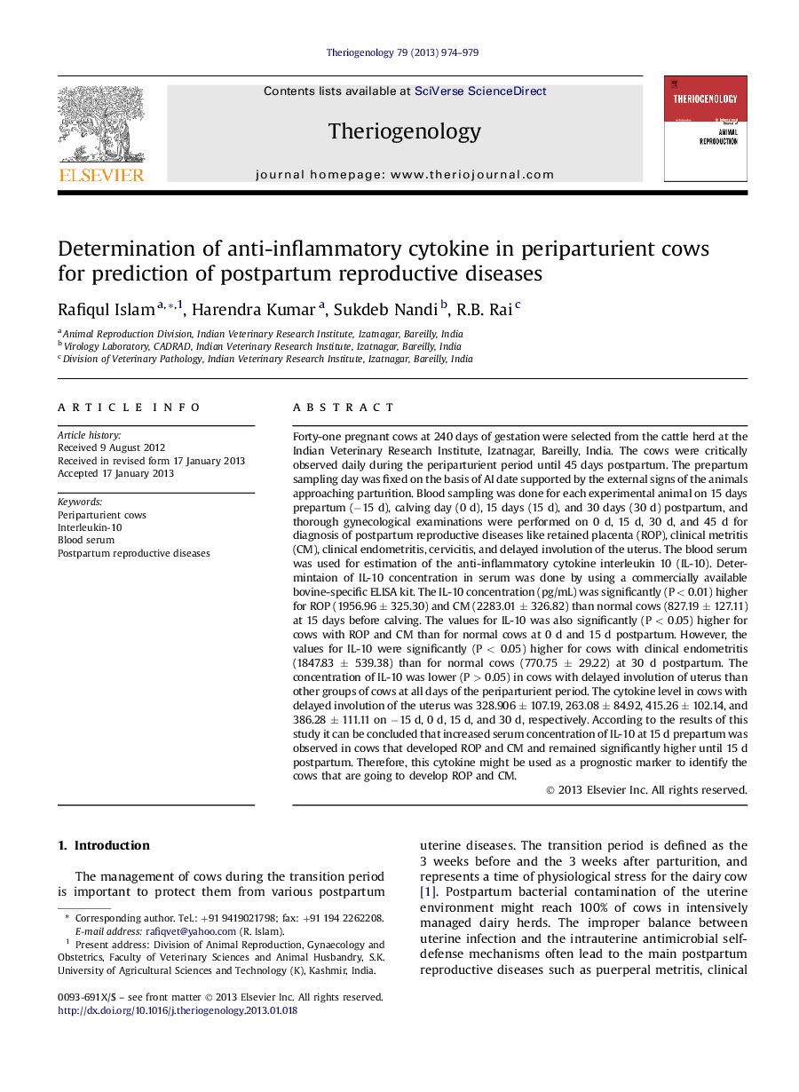 Determination of anti-inflammatory cytokine in periparturient cows for prediction of postpartum reproductive diseases