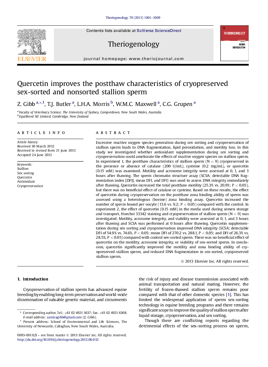 Quercetin improves the postthaw characteristics of cryopreserved sex-sorted and nonsorted stallion sperm