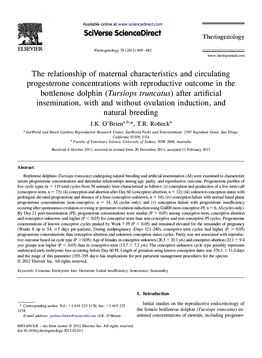 The relationship of maternal characteristics and circulating progesterone concentrations with reproductive outcome in the bottlenose dolphin (Tursiops truncatus) after artificial insemination, with and without ovulation induction, and natural breeding