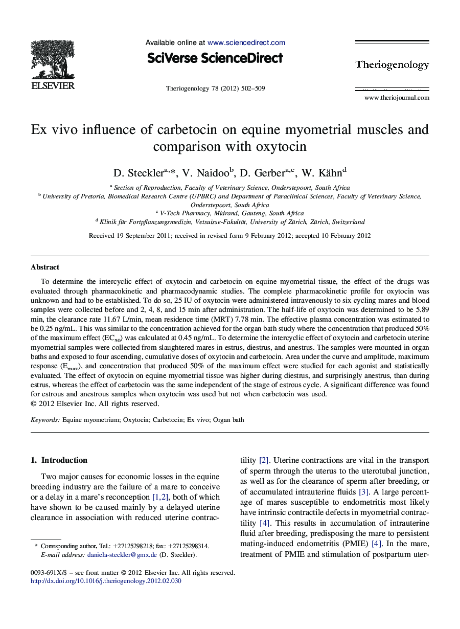 Ex vivo influence of carbetocin on equine myometrial muscles and comparison with oxytocin