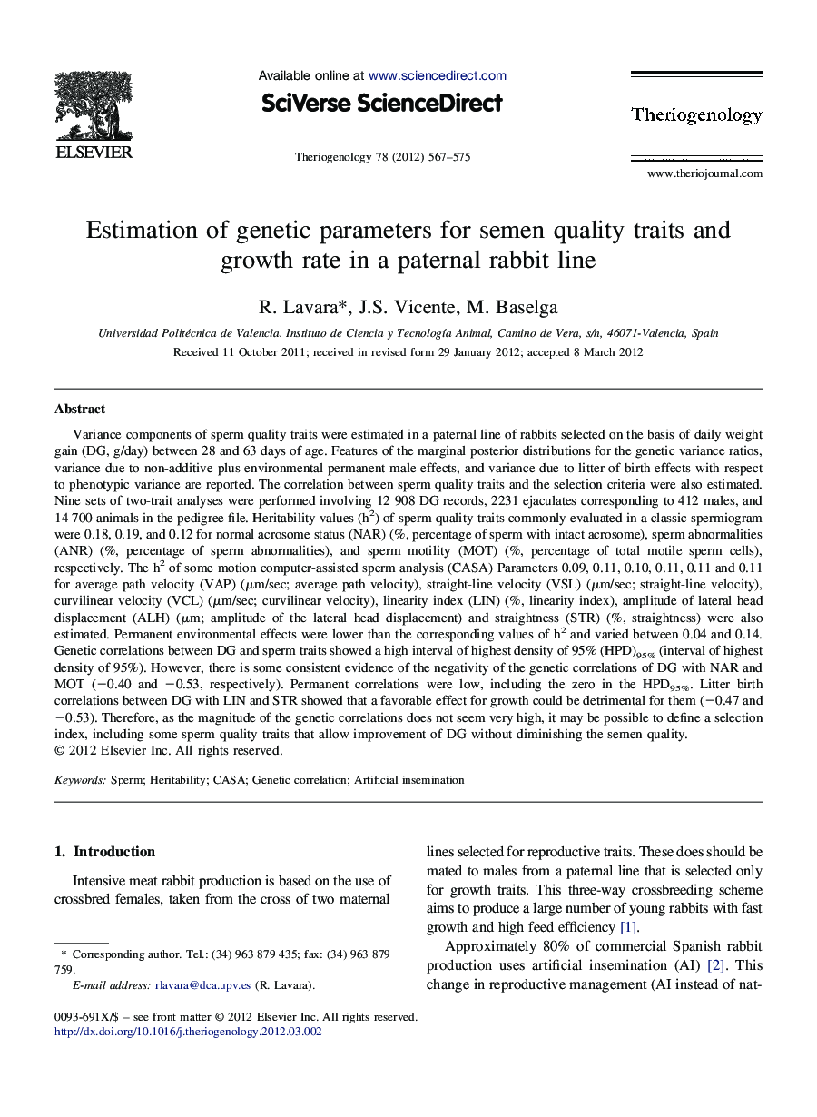 Estimation of genetic parameters for semen quality traits and growth rate in a paternal rabbit line