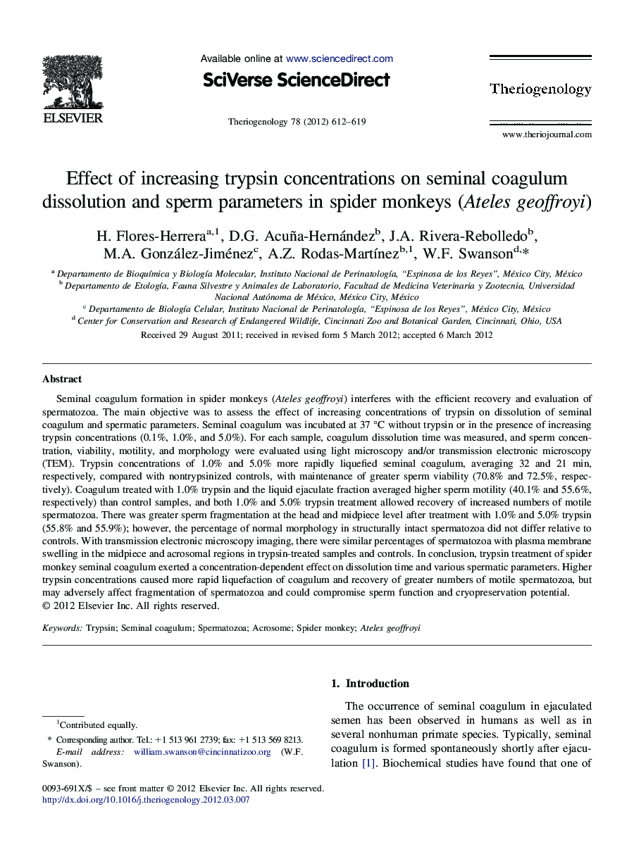 Effect of increasing trypsin concentrations on seminal coagulum dissolution and sperm parameters in spider monkeys (Ateles geoffroyi)