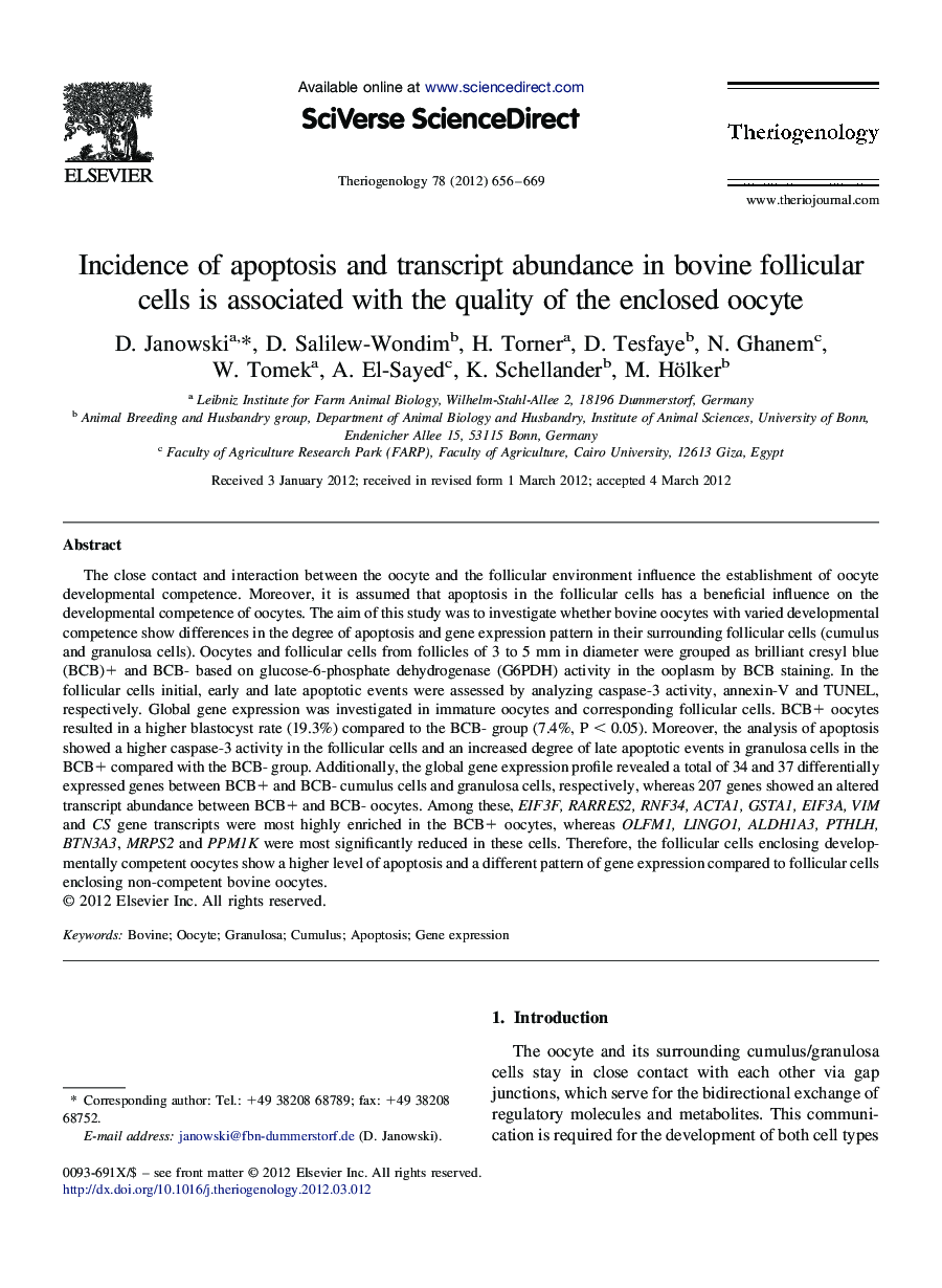Incidence of apoptosis and transcript abundance in bovine follicular cells is associated with the quality of the enclosed oocyte