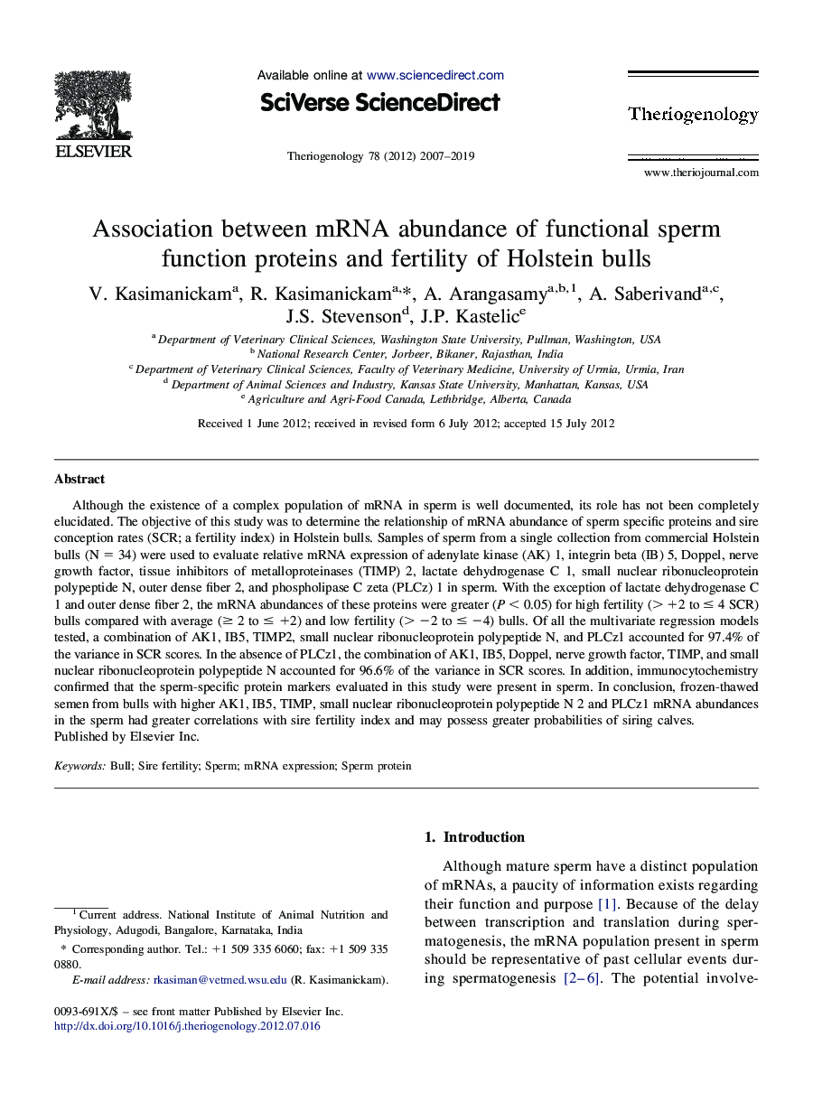 Association between mRNA abundance of functional sperm function proteins and fertility of Holstein bulls