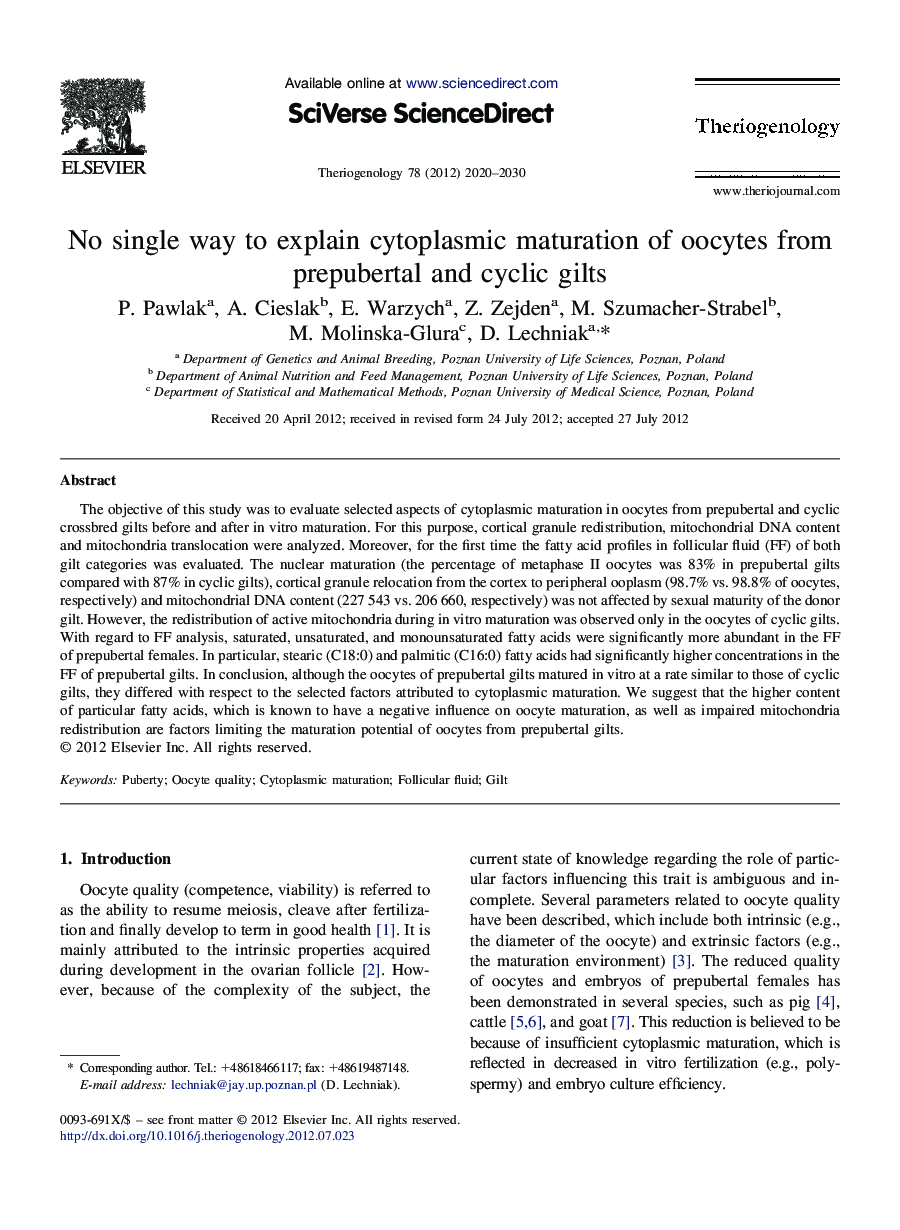 No single way to explain cytoplasmic maturation of oocytes from prepubertal and cyclic gilts