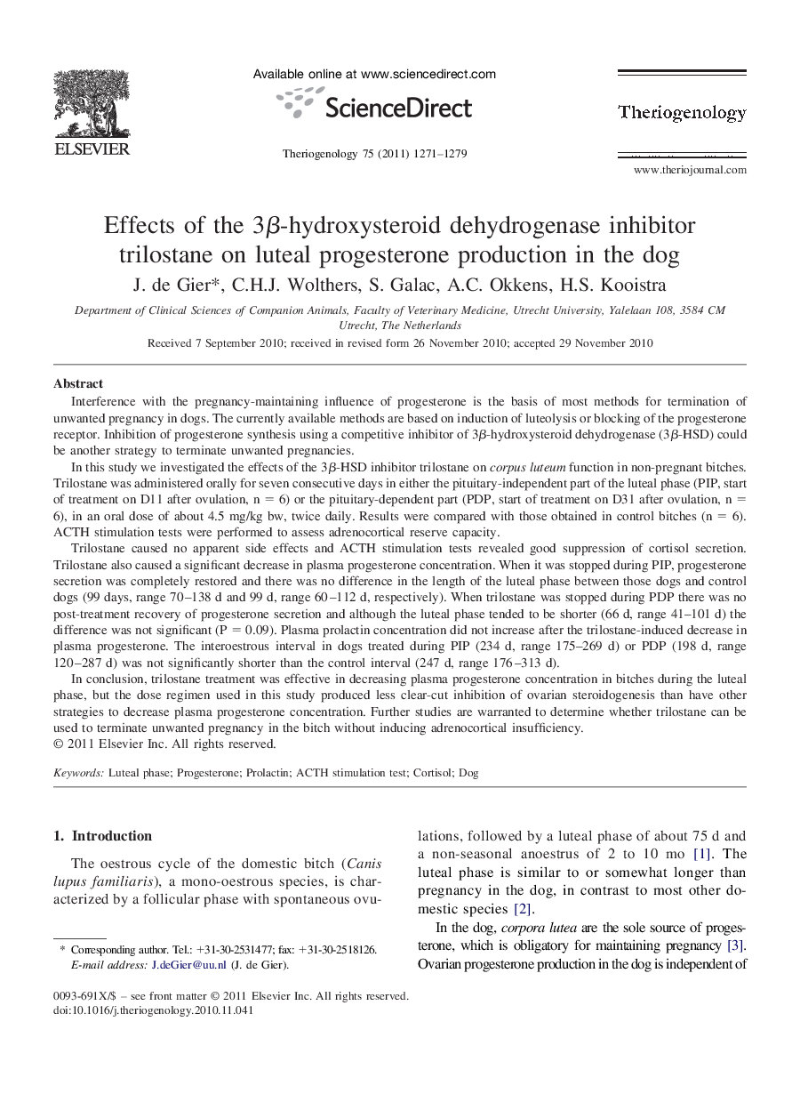 Effects of the 3Î²-hydroxysteroid dehydrogenase inhibitor trilostane on luteal progesterone production in the dog