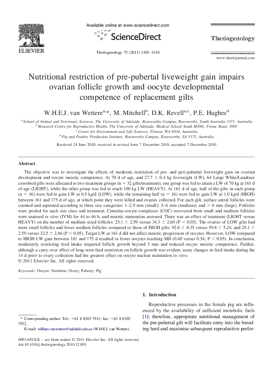 Nutritional restriction of pre-pubertal liveweight gain impairs ovarian follicle growth and oocyte developmental competence of replacement gilts