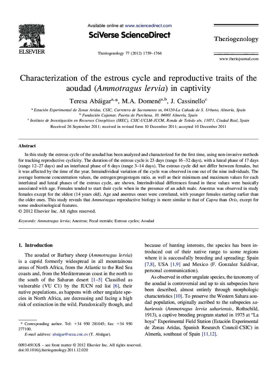 Characterization of the estrous cycle and reproductive traits of the aoudad (Ammotragus lervia) in captivity