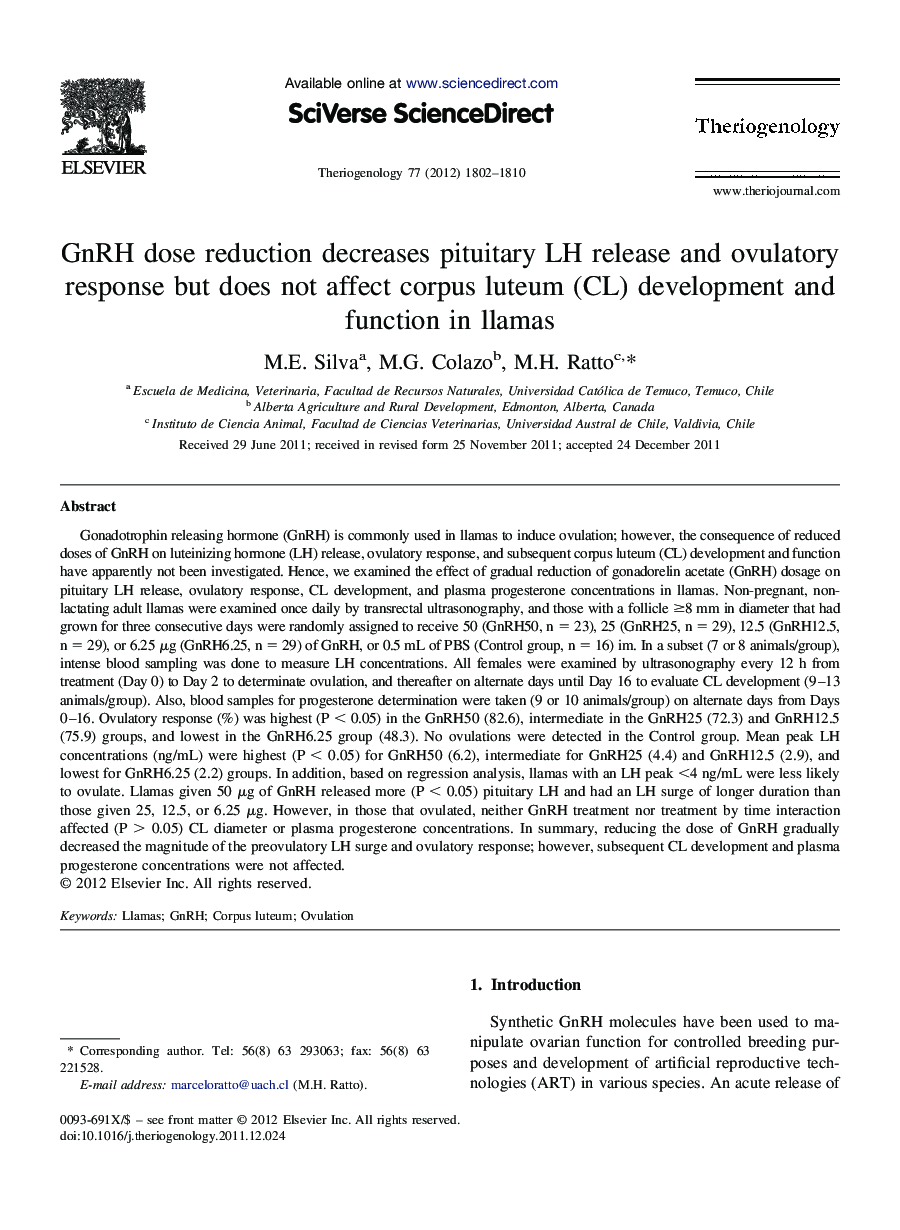 GnRH dose reduction decreases pituitary LH release and ovulatory response but does not affect corpus luteum (CL) development and function in llamas