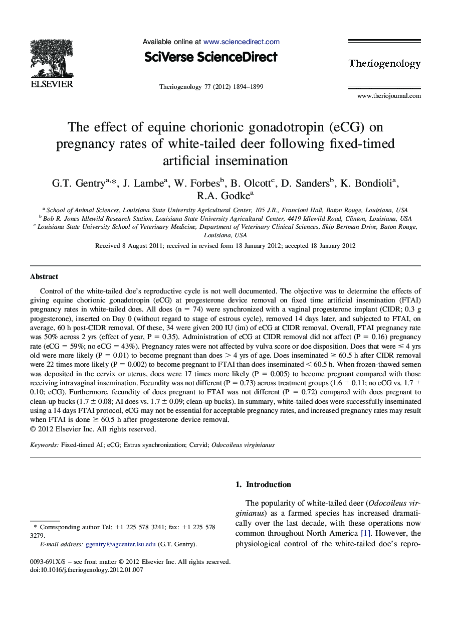 The effect of equine chorionic gonadotropin (eCG) on pregnancy rates of white-tailed deer following fixed-timed artificial insemination