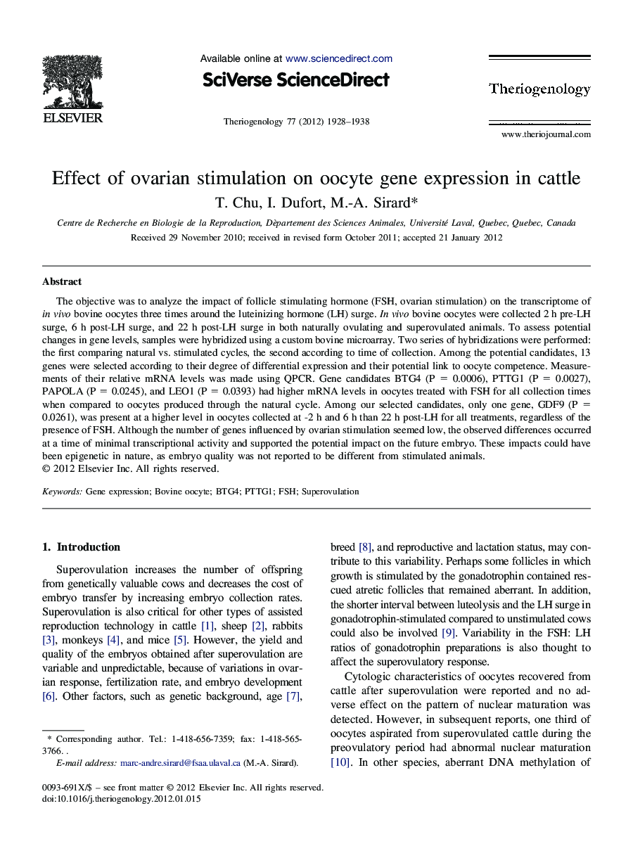 Effect of ovarian stimulation on oocyte gene expression in cattle