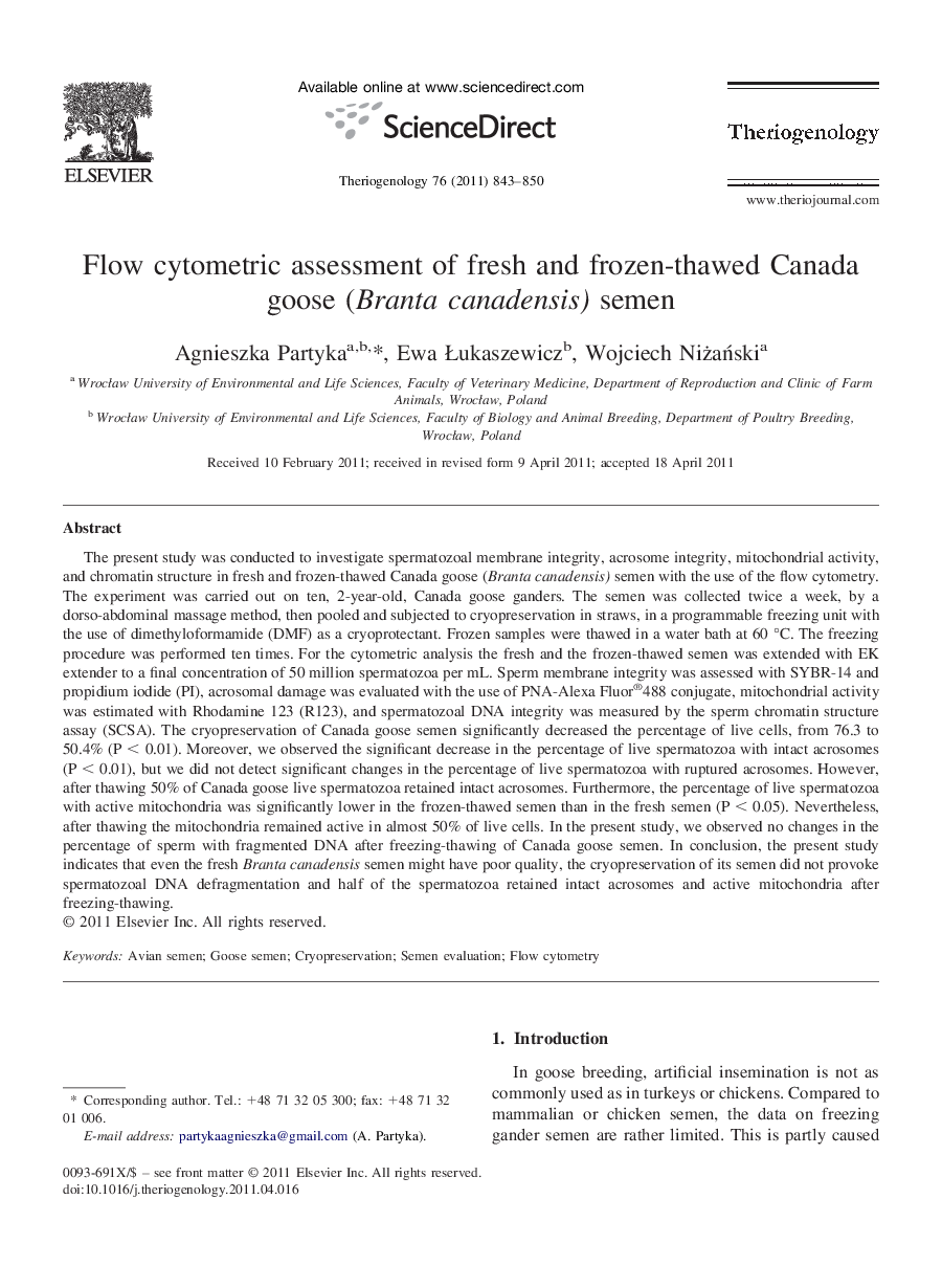 Flow cytometric assessment of fresh and frozen-thawed Canada goose (Branta canadensis) semen