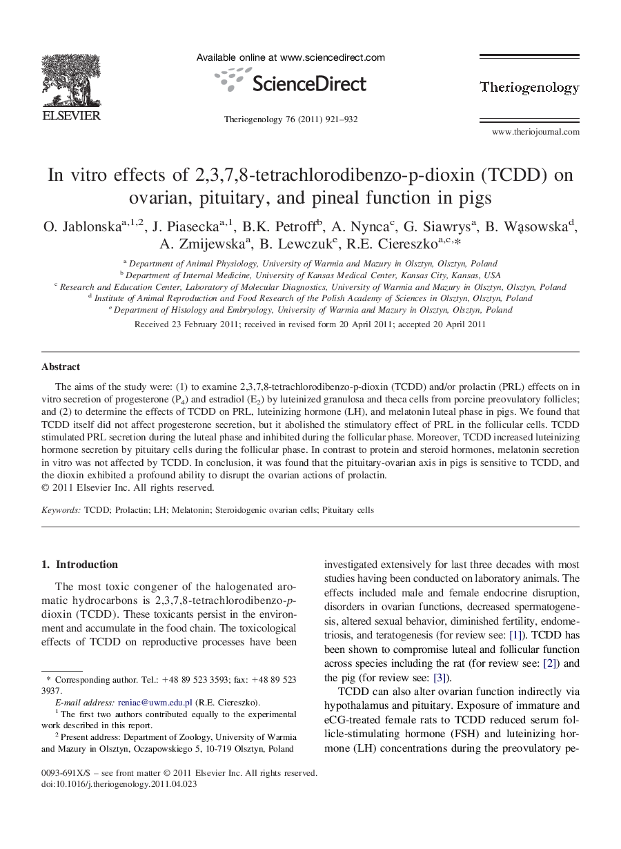 In vitro effects of 2,3,7,8-tetrachlorodibenzo-p-dioxin (TCDD) on ovarian, pituitary, and pineal function in pigs