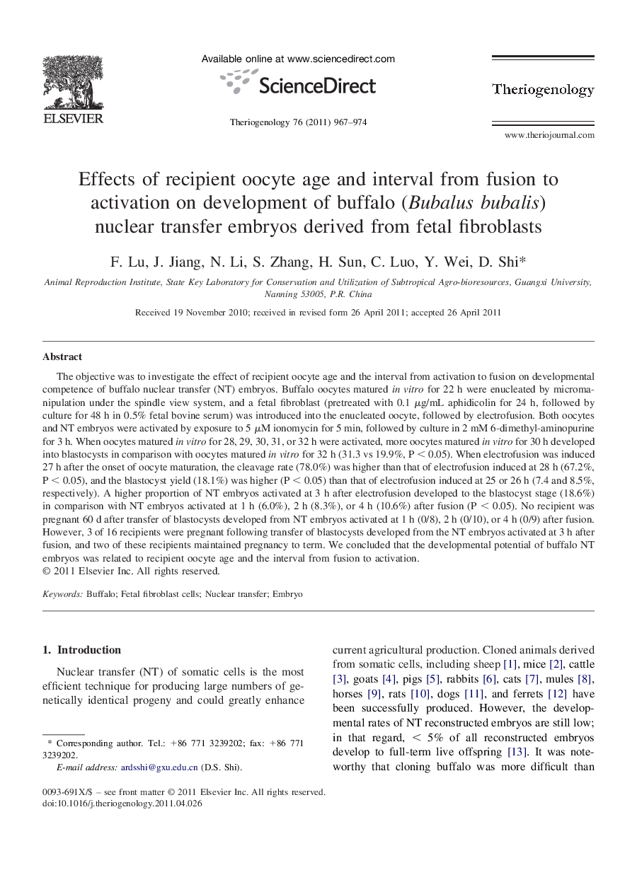 Effects of recipient oocyte age and interval from fusion to activation on development of buffalo (Bubalus bubalis) nuclear transfer embryos derived from fetal fibroblasts