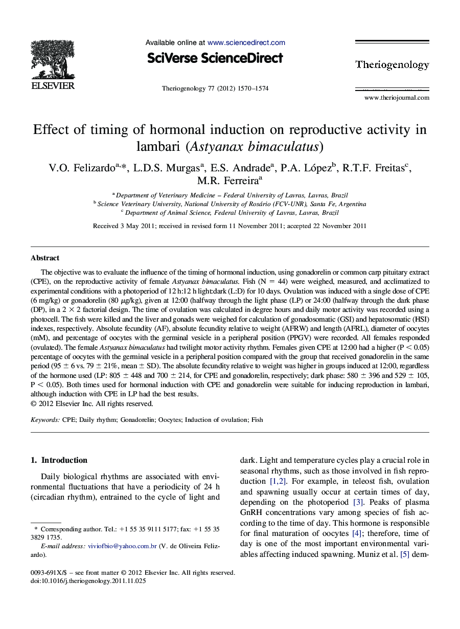 Effect of timing of hormonal induction on reproductive activity in lambari (Astyanax bimaculatus)