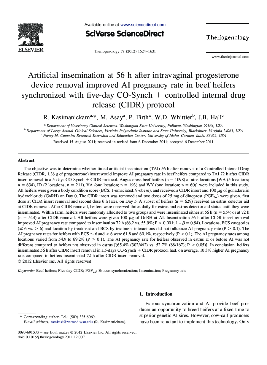 Artificial insemination at 56 h after intravaginal progesterone device removal improved AI pregnancy rate in beef heifers synchronized with five-day CO-Synch + controlled internal drug release (CIDR) protocol