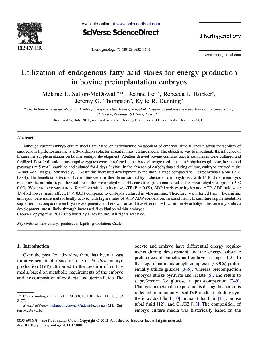 Utilization of endogenous fatty acid stores for energy production in bovine preimplantation embryos