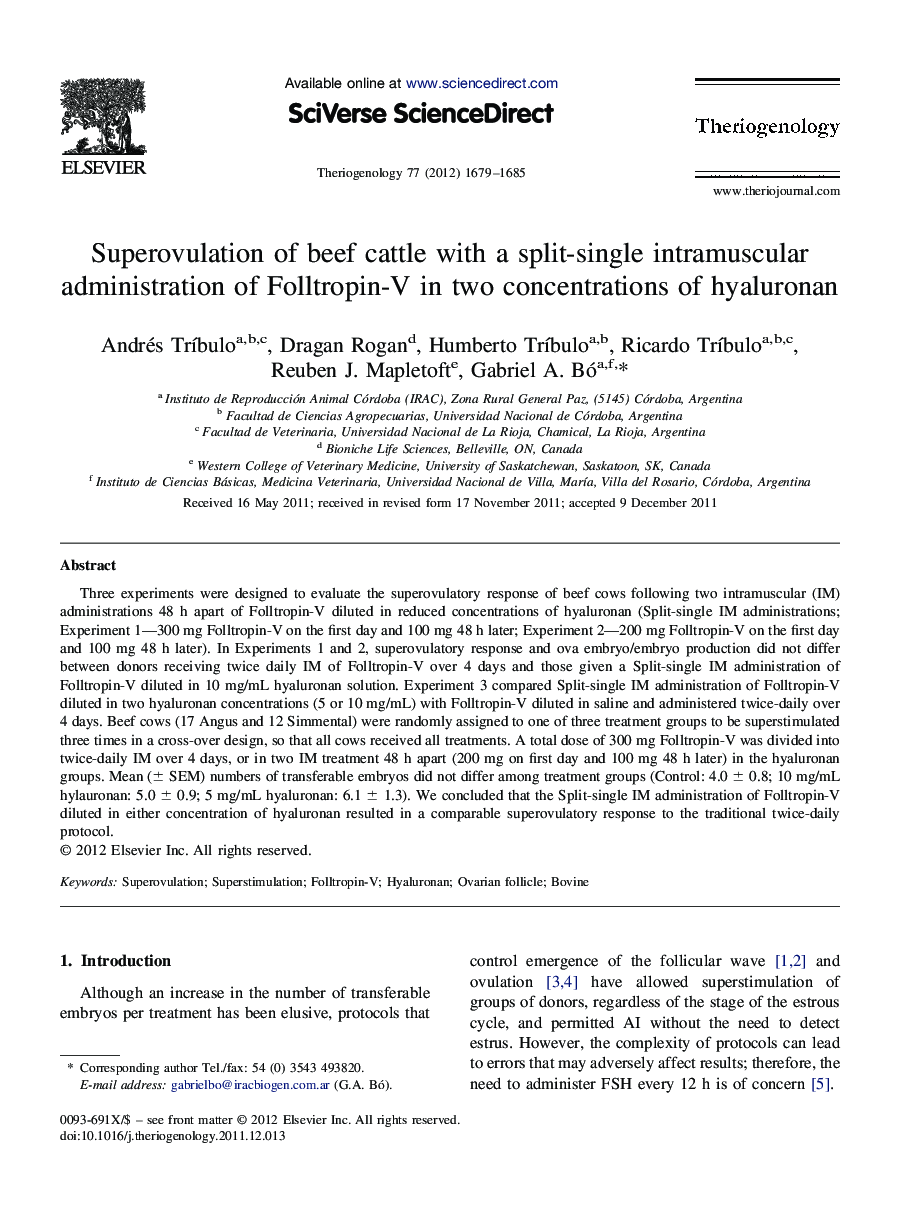 Superovulation of beef cattle with a split-single intramuscular administration of Folltropin-V in two concentrations of hyaluronan