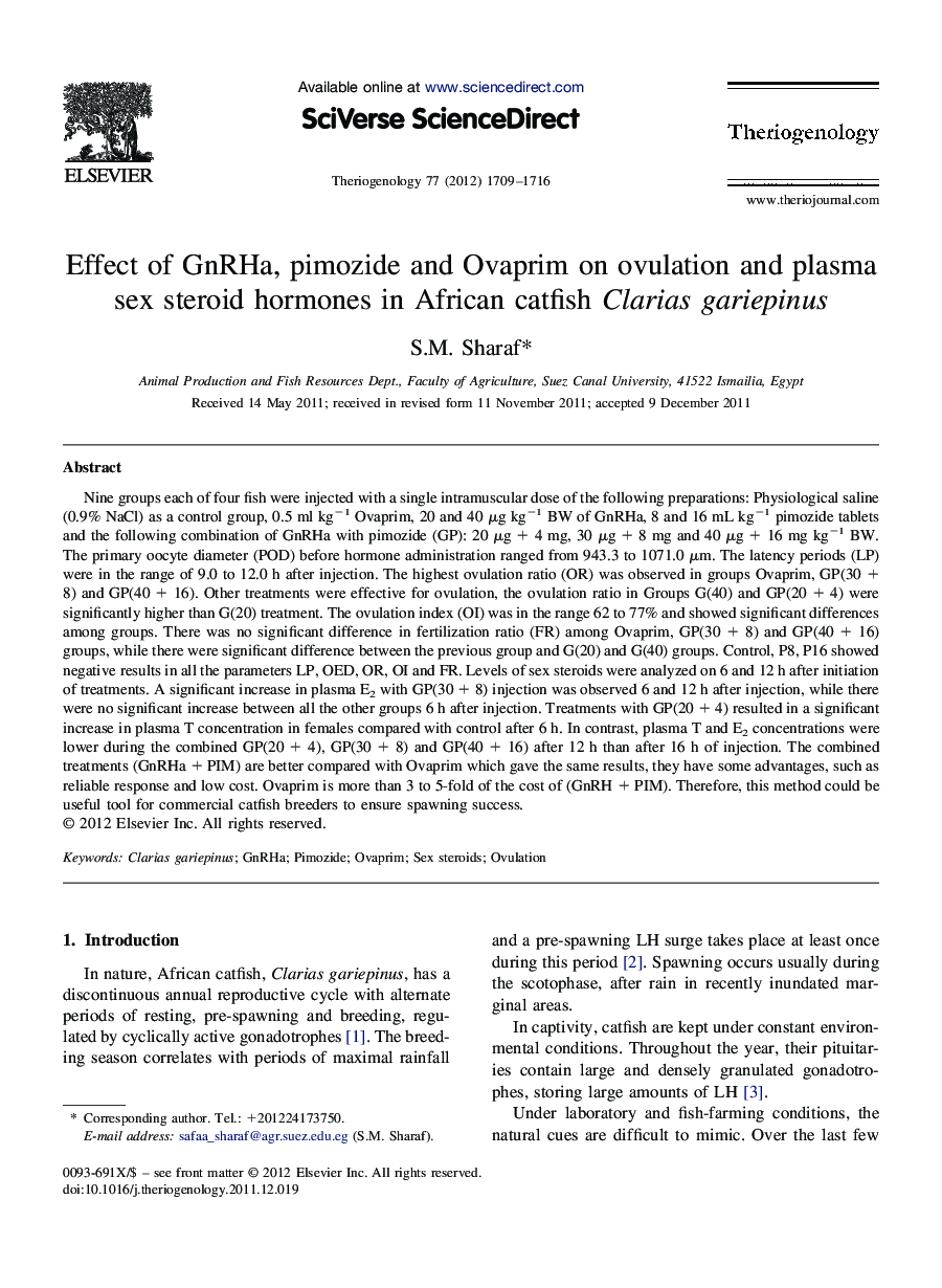 Effect of GnRHa, pimozide and Ovaprim on ovulation and plasma sex steroid hormones in African catfish Clarias gariepinus
