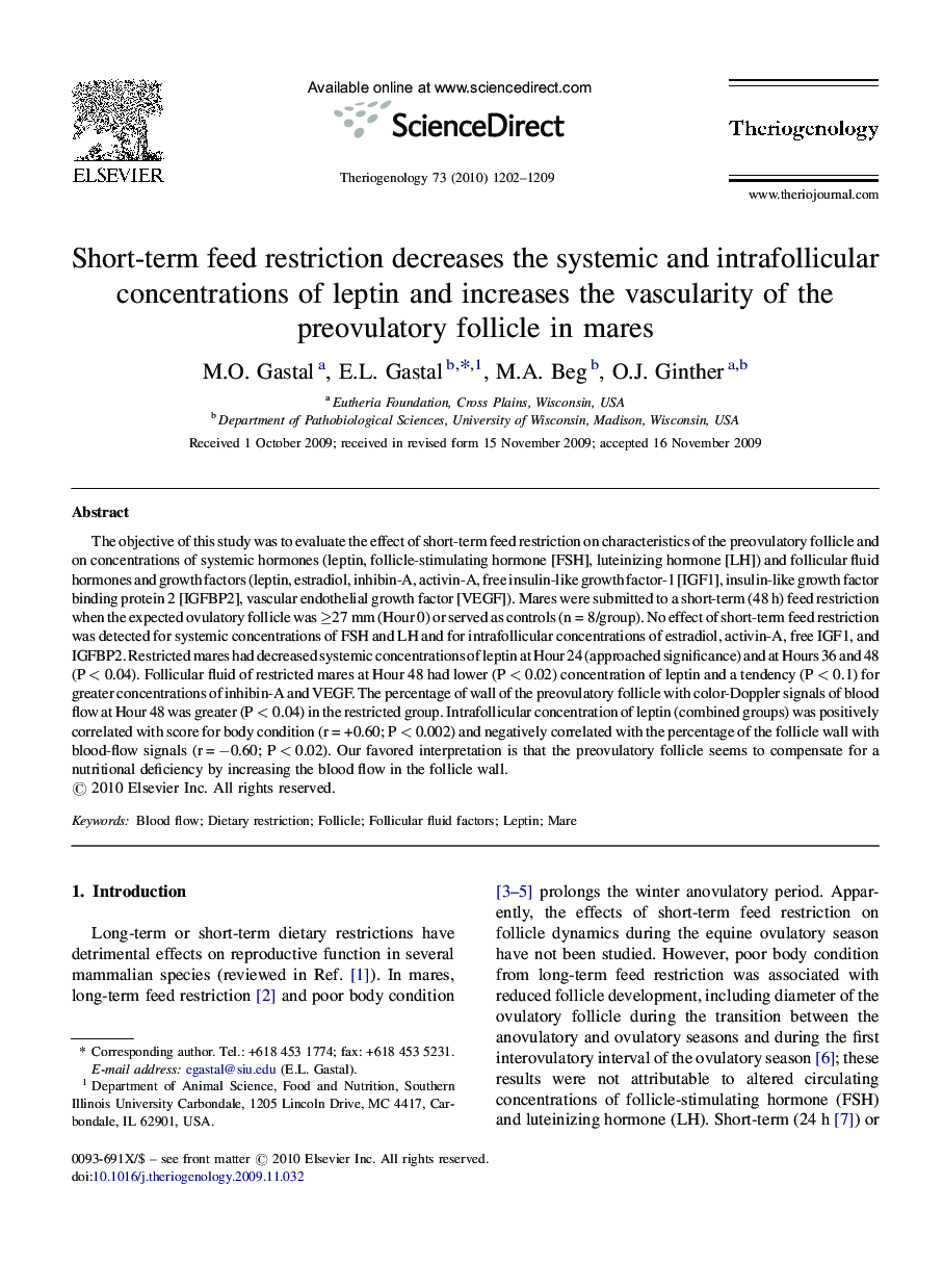 Short-term feed restriction decreases the systemic and intrafollicular concentrations of leptin and increases the vascularity of the preovulatory follicle in mares