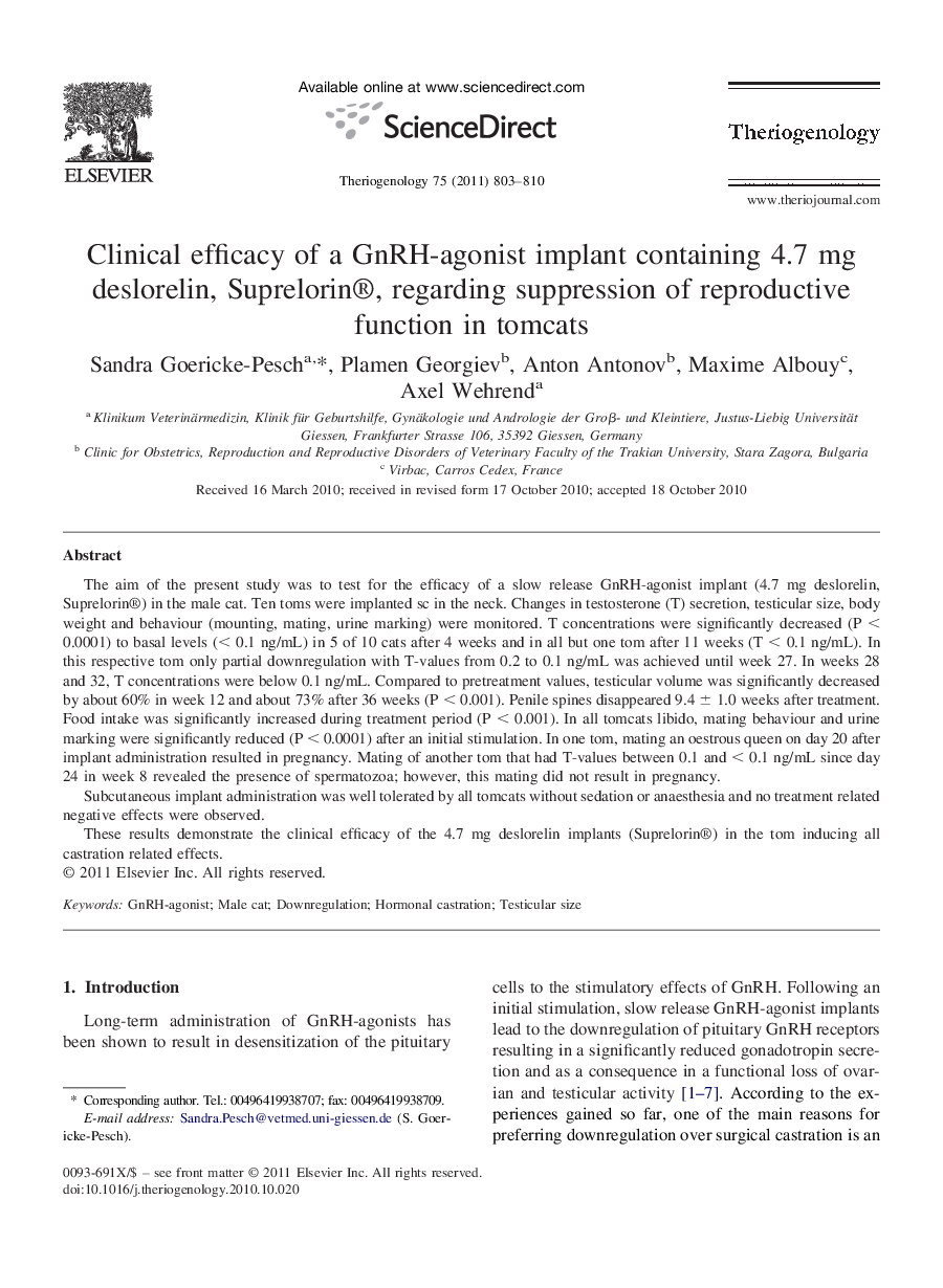 Clinical efficacy of a GnRH-agonist implant containing 4.7 mg deslorelin, Suprelorin®, regarding suppression of reproductive function in tomcats