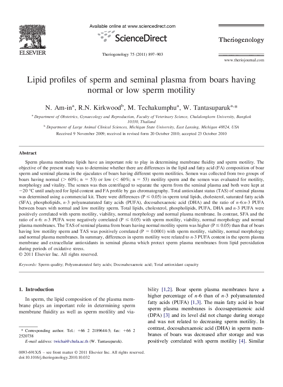 Lipid profiles of sperm and seminal plasma from boars having normal or low sperm motility