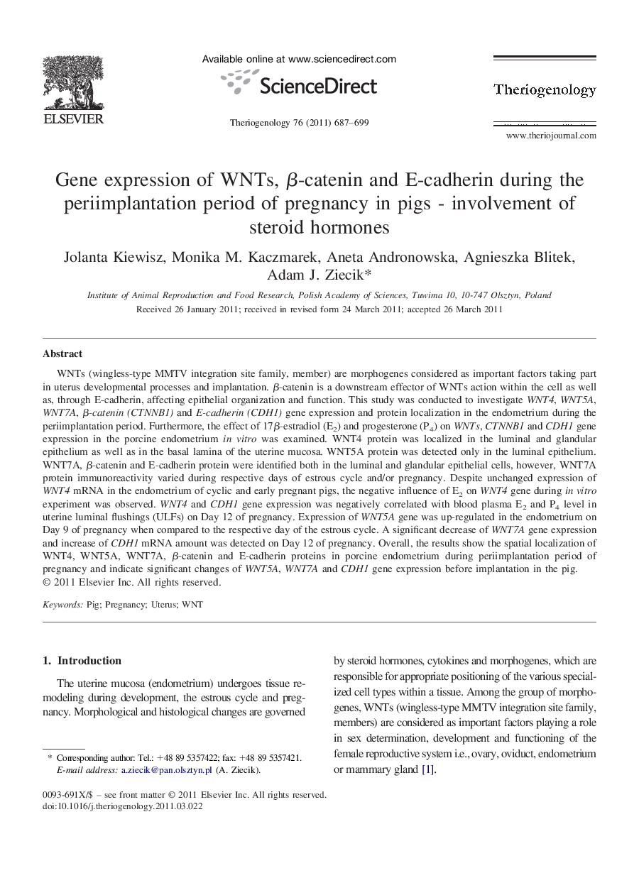 Gene expression of WNTs, Î²-catenin and E-cadherin during the periimplantation period of pregnancy in pigs - involvement of steroid hormones