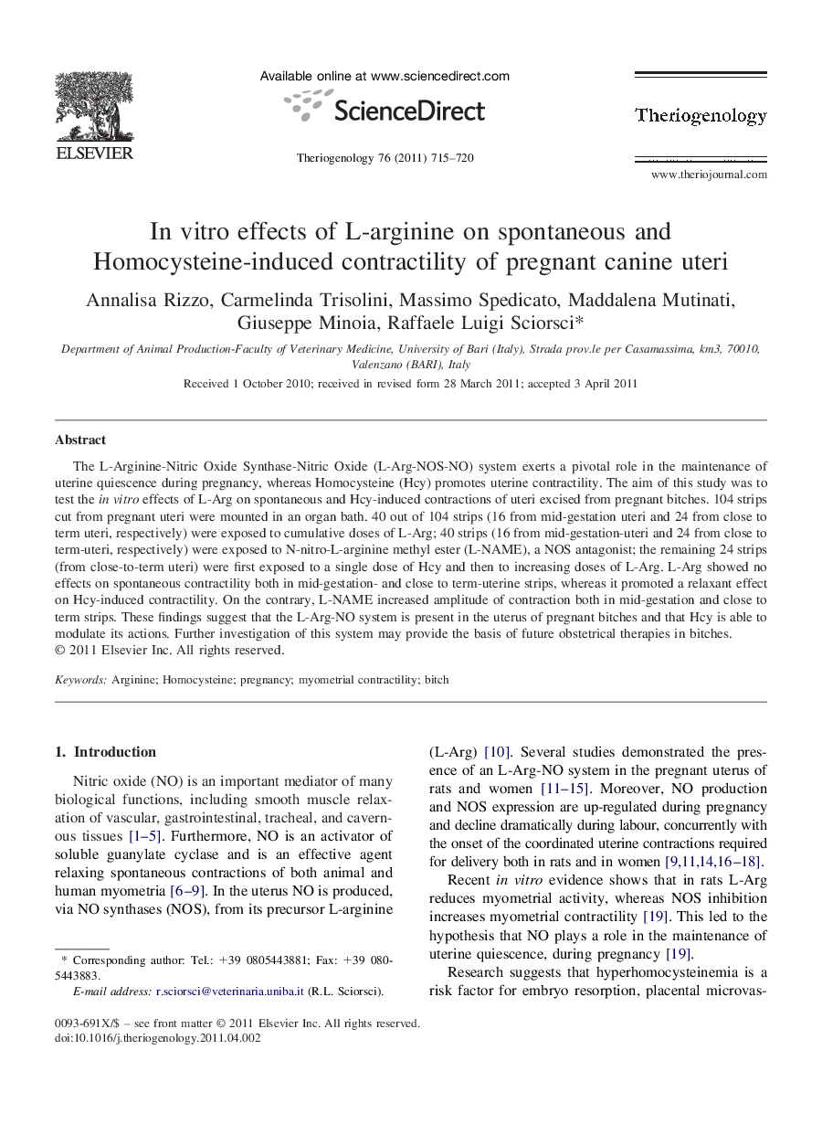 In vitro effects of L-arginine on spontaneous and Homocysteine-induced contractility of pregnant canine uteri