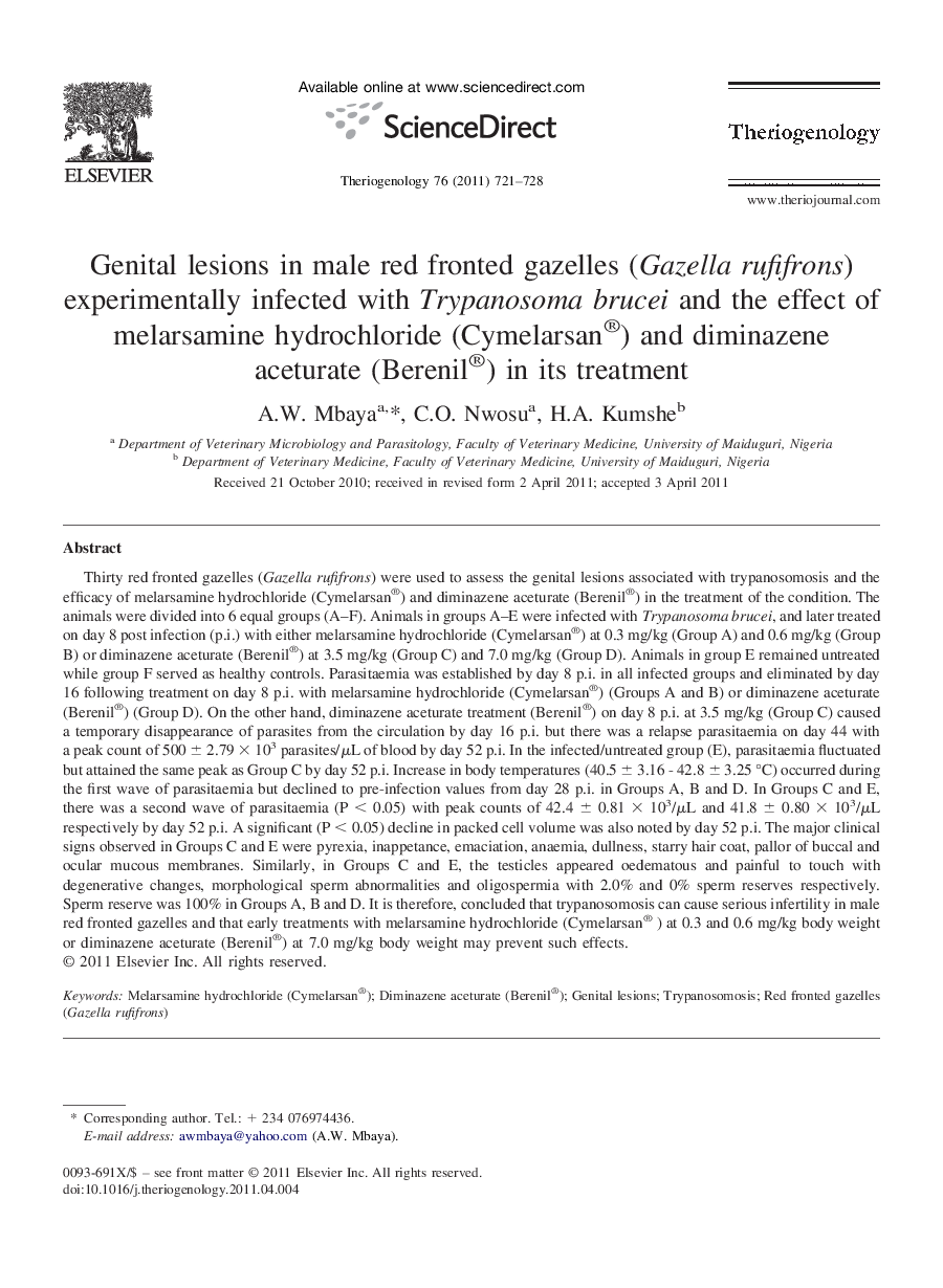 Genital lesions in male red fronted gazelles (Gazella rufifrons) experimentally infected with Trypanosoma brucei and the effect of melarsamine hydrochloride (Cymelarsan®) and diminazene aceturate (Berenil®) in its treatment