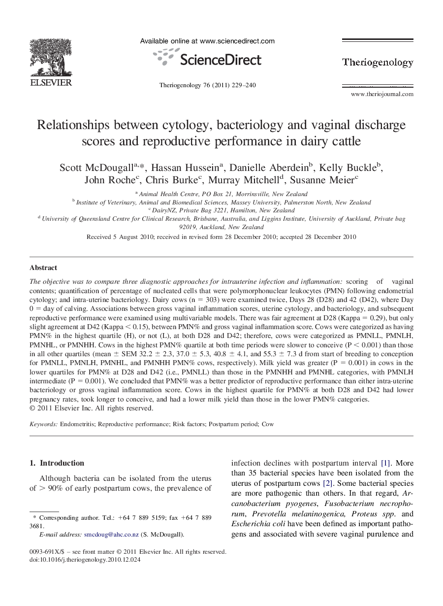 Relationships between cytology, bacteriology and vaginal discharge scores and reproductive performance in dairy cattle