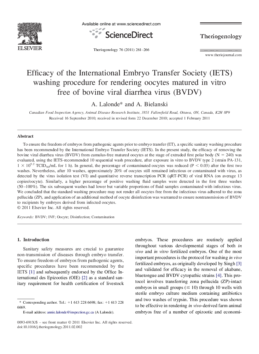 Efficacy of the International Embryo Transfer Society (IETS) washing procedure for rendering oocytes matured in vitro free of bovine viral diarrhea virus (BVDV)
