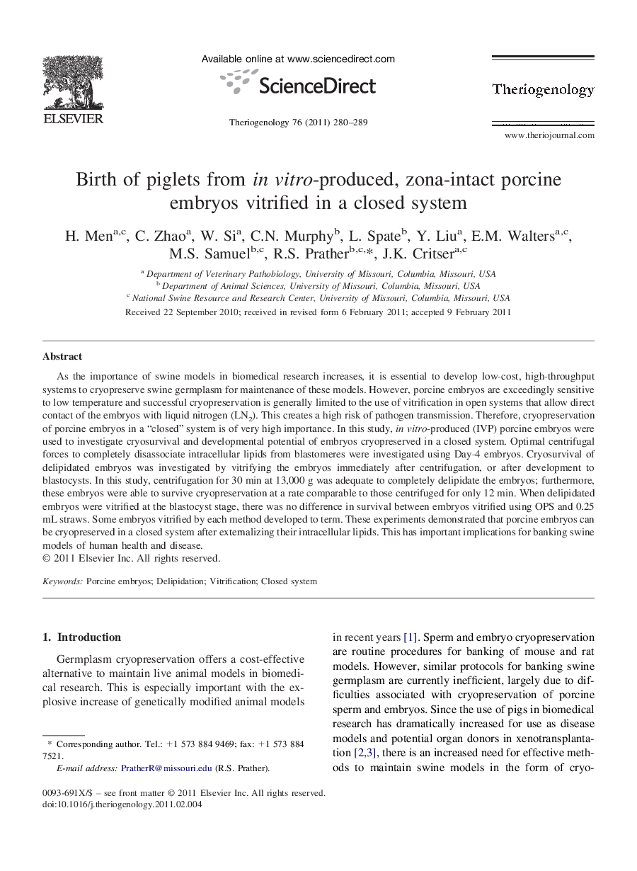 Birth of piglets from in vitro-produced, zona-intact porcine embryos vitrified in a closed system