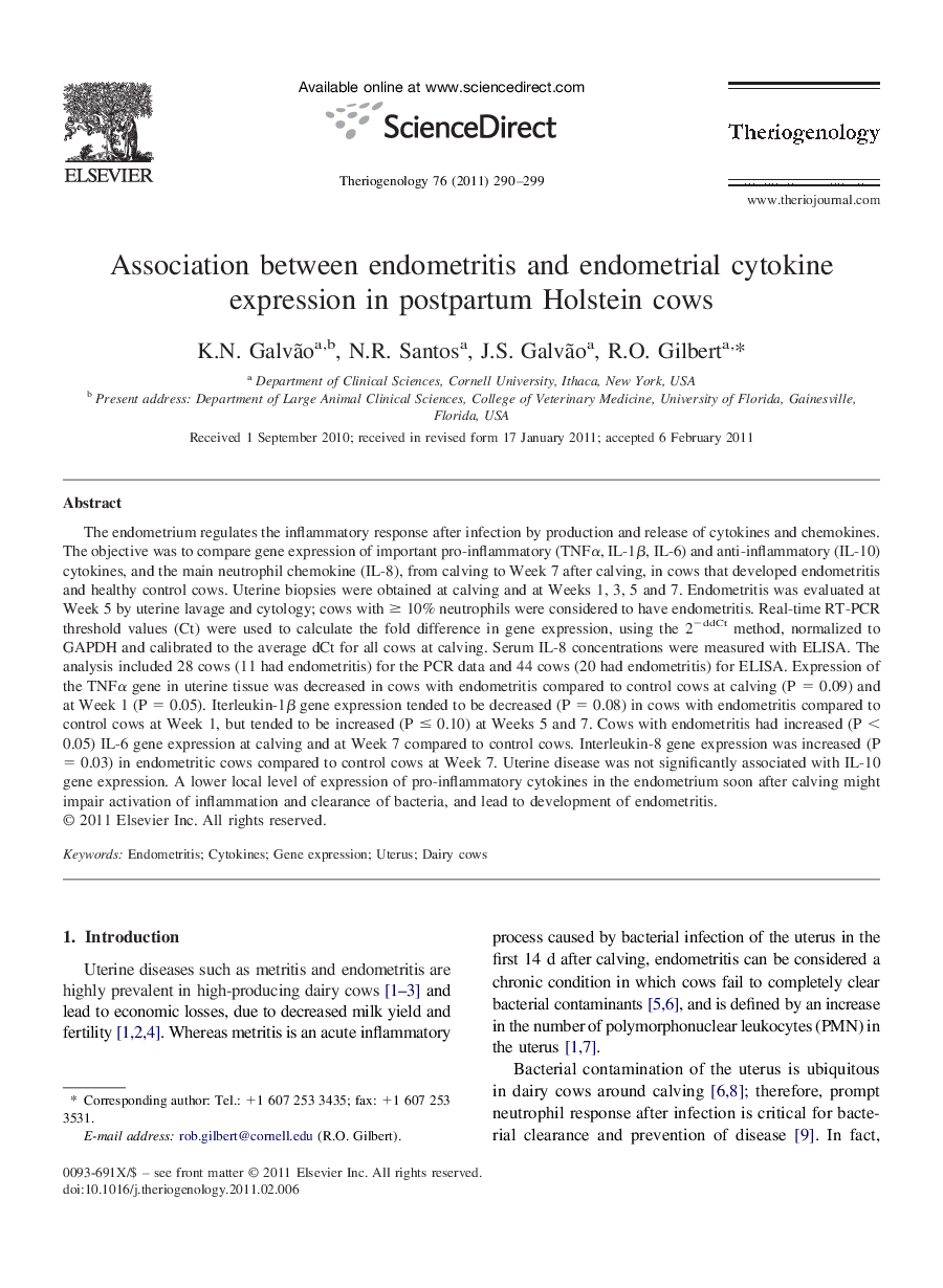 Association between endometritis and endometrial cytokine expression in postpartum Holstein cows