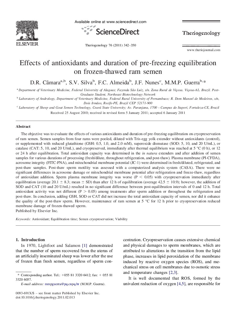 Effects of antioxidants and duration of pre-freezing equilibration on frozen-thawed ram semen