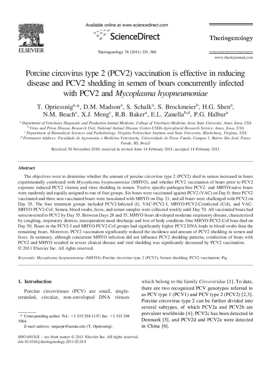 Porcine circovirus type 2 (PCV2) vaccination is effective in reducing disease and PCV2 shedding in semen of boars concurrently infected with PCV2 and Mycoplasma hyopneumoniae