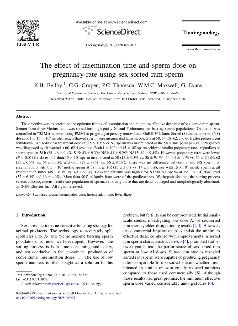 The effect of insemination time and sperm dose on pregnancy rate using sex-sorted ram sperm