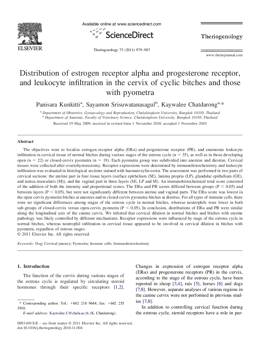 Distribution of estrogen receptor alpha and progesterone receptor, and leukocyte infiltration in the cervix of cyclic bitches and those with pyometra