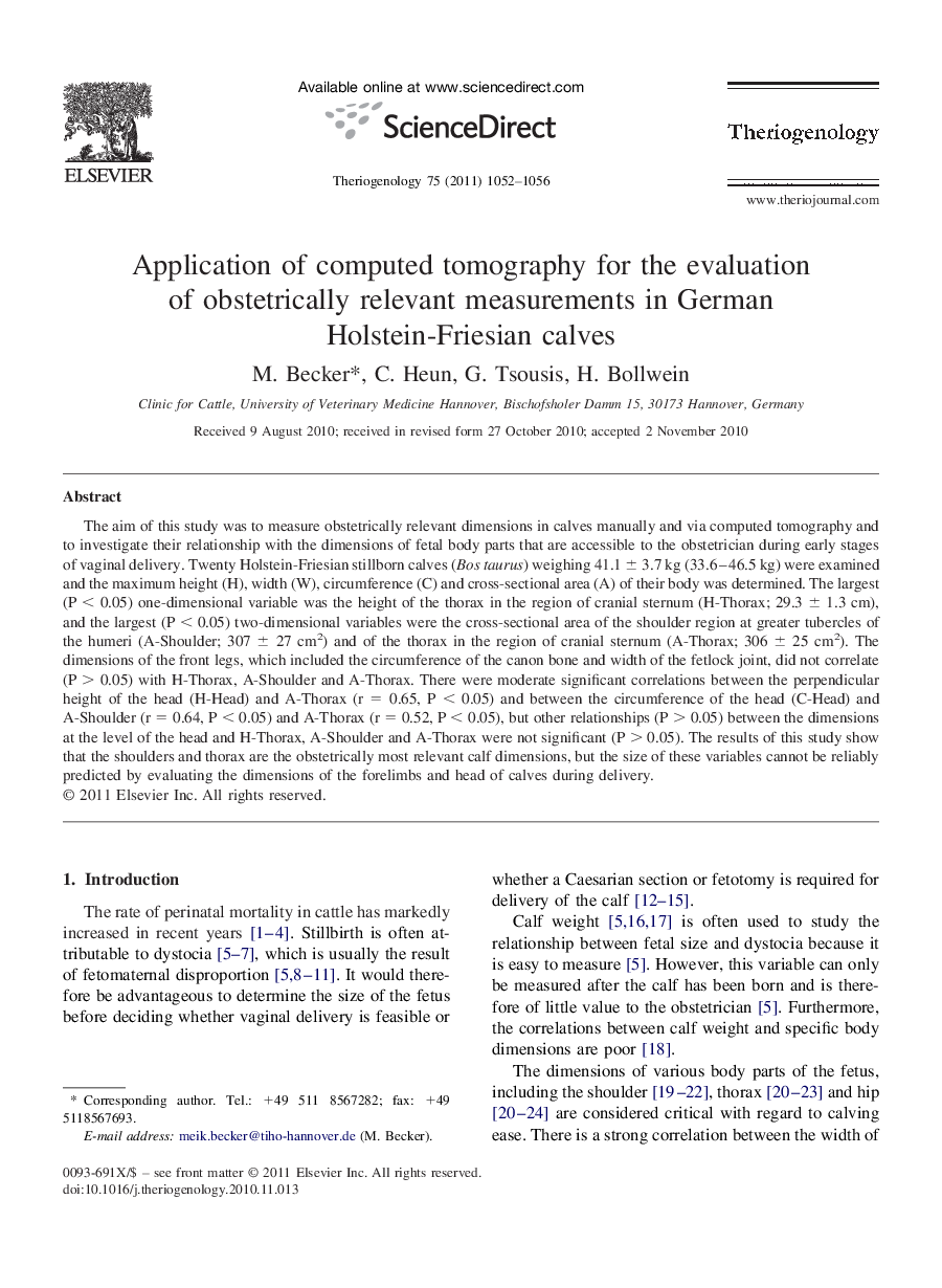 Application of computed tomography for the evaluation of obstetrically relevant measurements in German Holstein-Friesian calves
