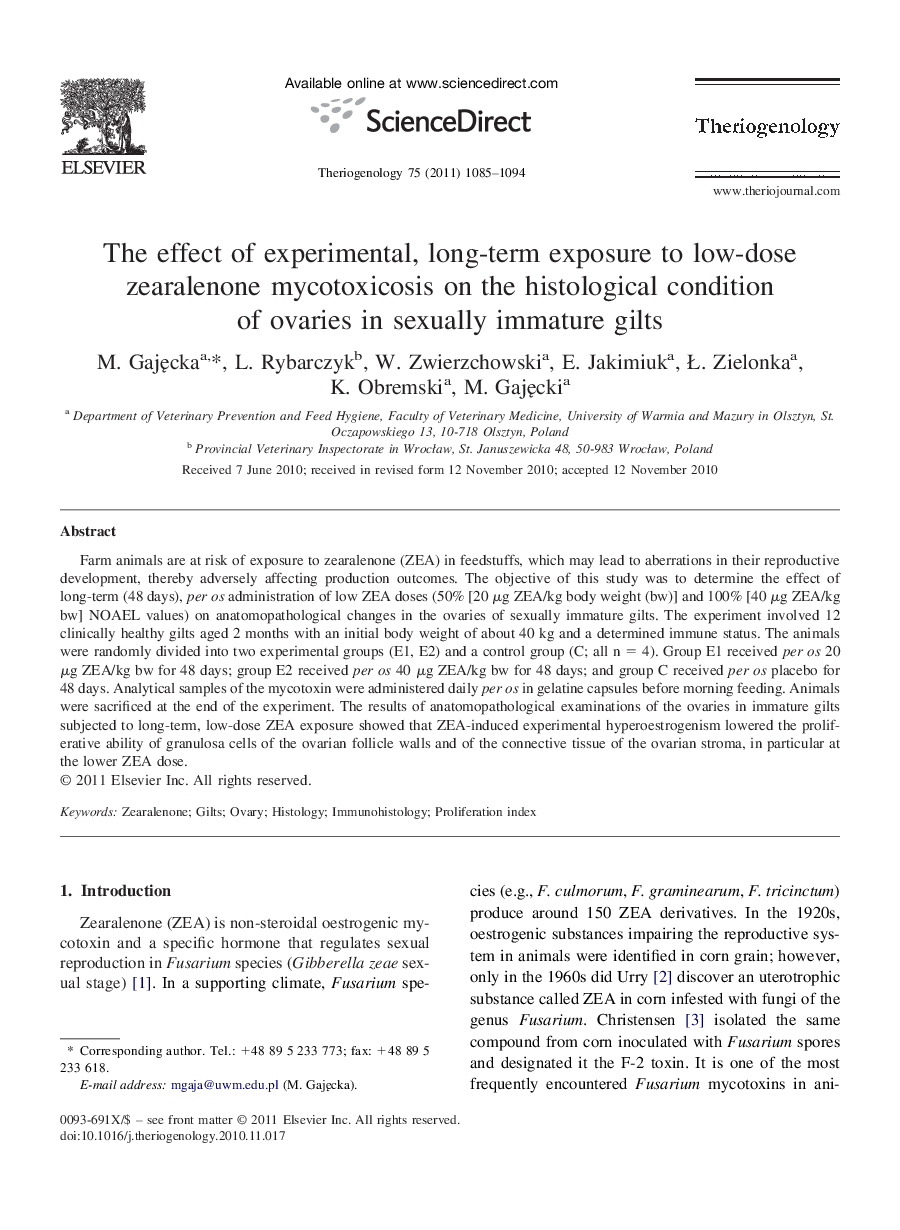 The effect of experimental, long-term exposure to low-dose zearalenone mycotoxicosis on the histological condition of ovaries in sexually immature gilts