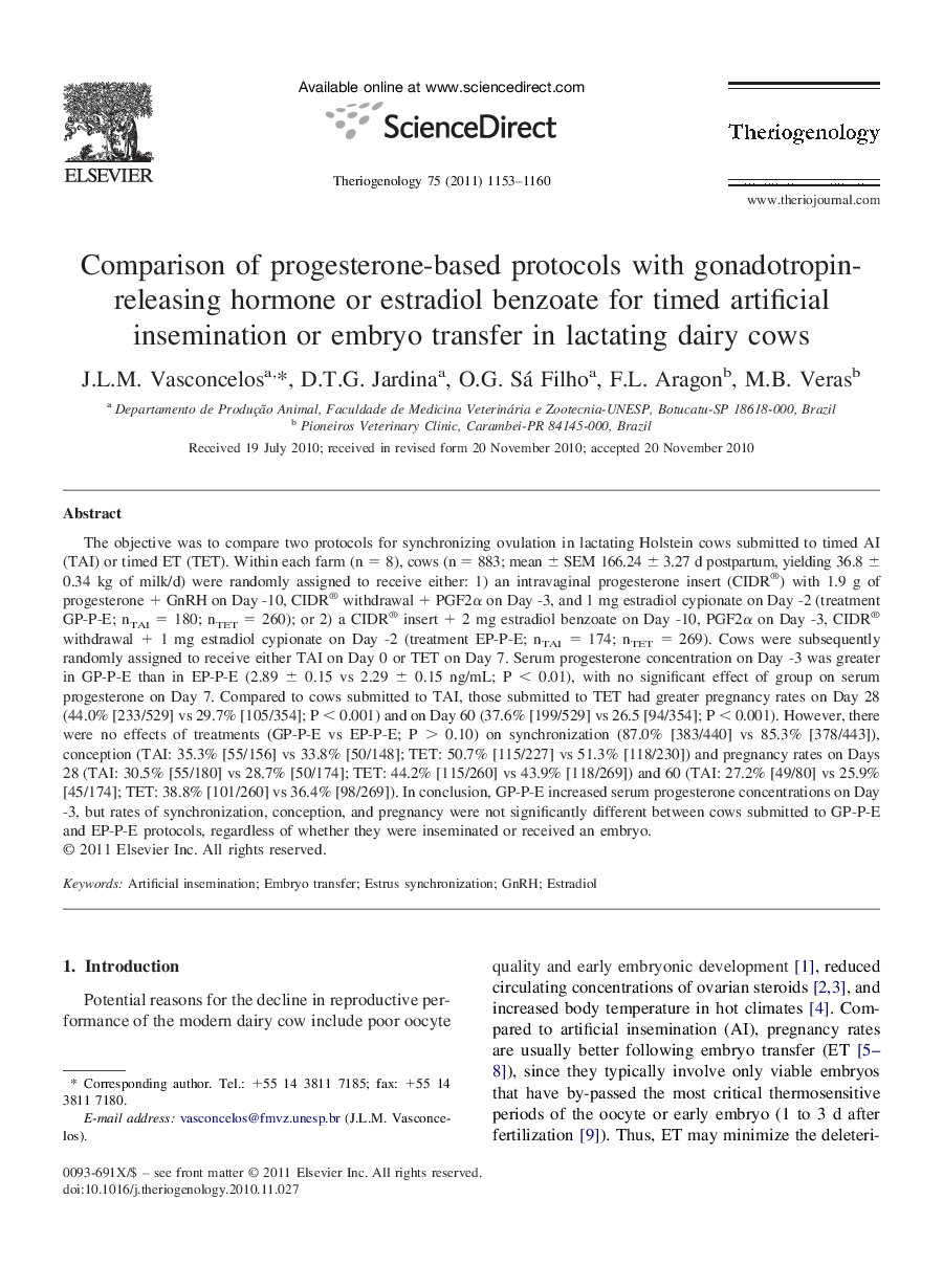 Comparison of progesterone-based protocols with gonadotropin-releasing hormone or estradiol benzoate for timed artificial insemination or embryo transfer in lactating dairy cows