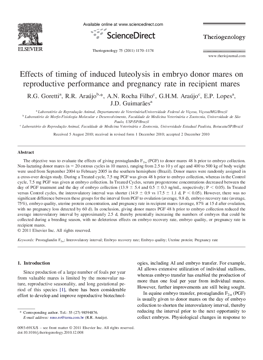 Effects of timing of induced luteolysis in embryo donor mares on reproductive performance and pregnancy rate in recipient mares