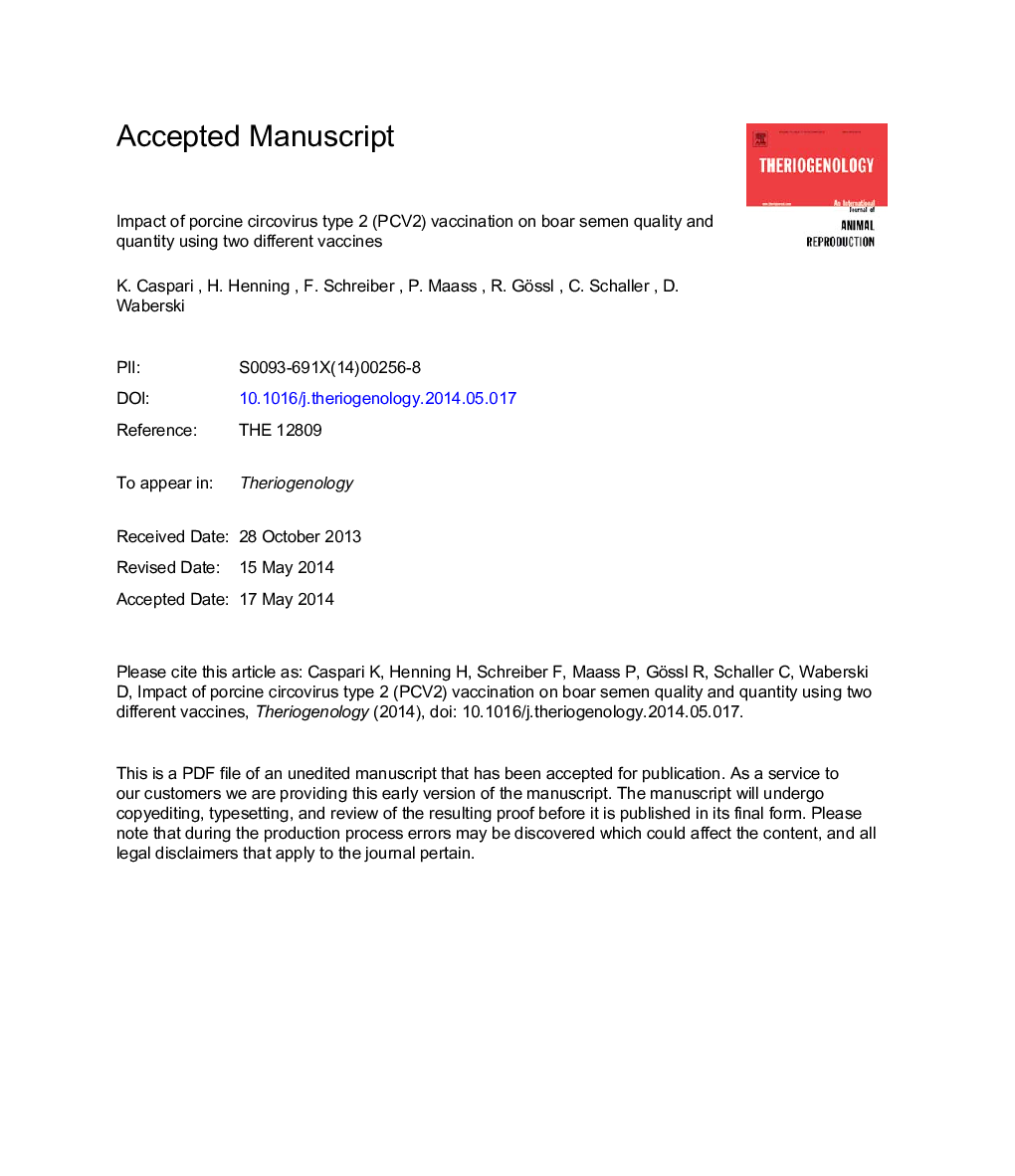 Impact of porcine circovirus type 2 (PCV2) vaccination on boar semen quality and quantity using two different vaccines