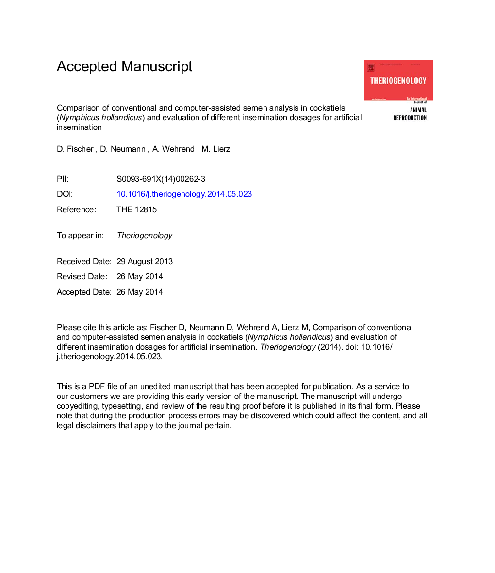 Comparison of conventional and computer-assisted semen analysis in cockatiels (Nymphicus hollandicus) and evaluation of different insemination dosages for artificial insemination