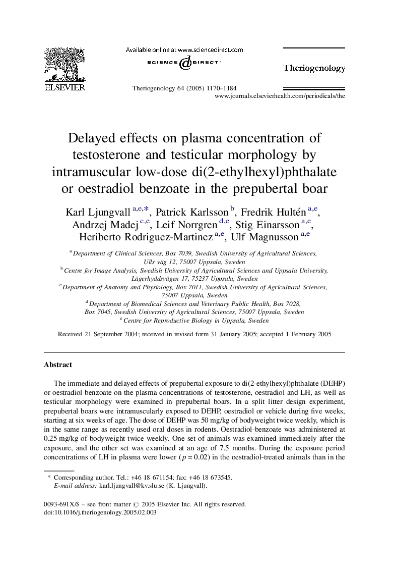 Delayed effects on plasma concentration of testosterone and testicular morphology by intramuscular low-dose di(2-ethylhexyl)phthalate or oestradiol benzoate in the prepubertal boar