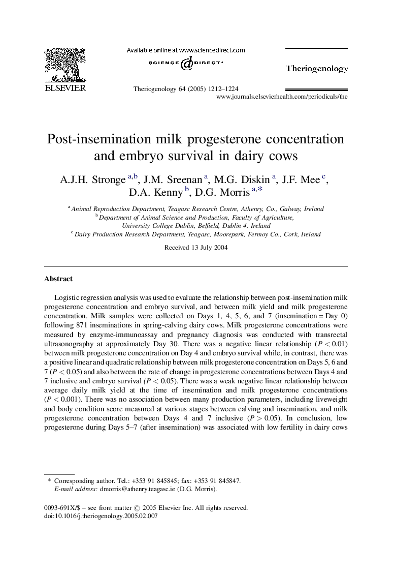 Post-insemination milk progesterone concentration and embryo survival in dairy cows